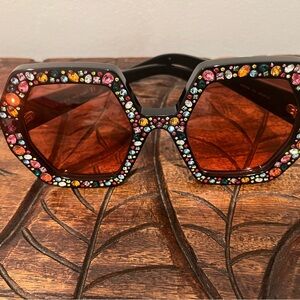 Gucci Black Limited Edition Sunglasses with Multicolor Rhinestones & Pink Lenses
